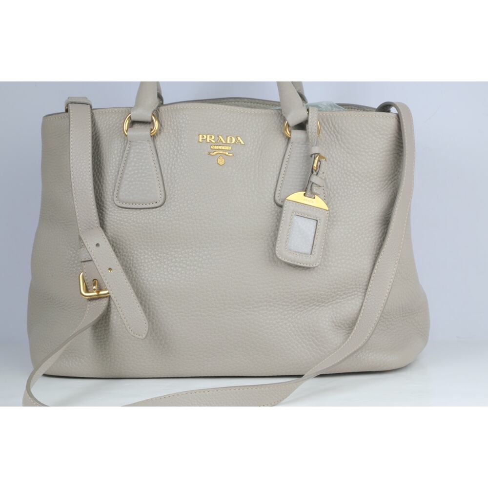 PRADA Vitello Daino Tote Taupe Gray Pebbled Grained Leather Shoulder Strap Bag - Picture 14 of 16
